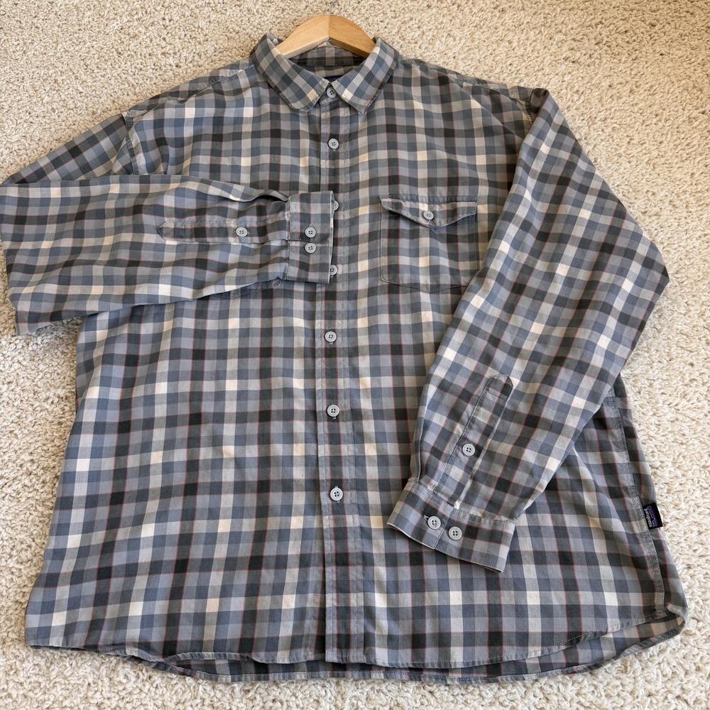 Patagonia Plaid Button Down Shirt Mens XL Grey Blue Good Organic Cotton Flannel